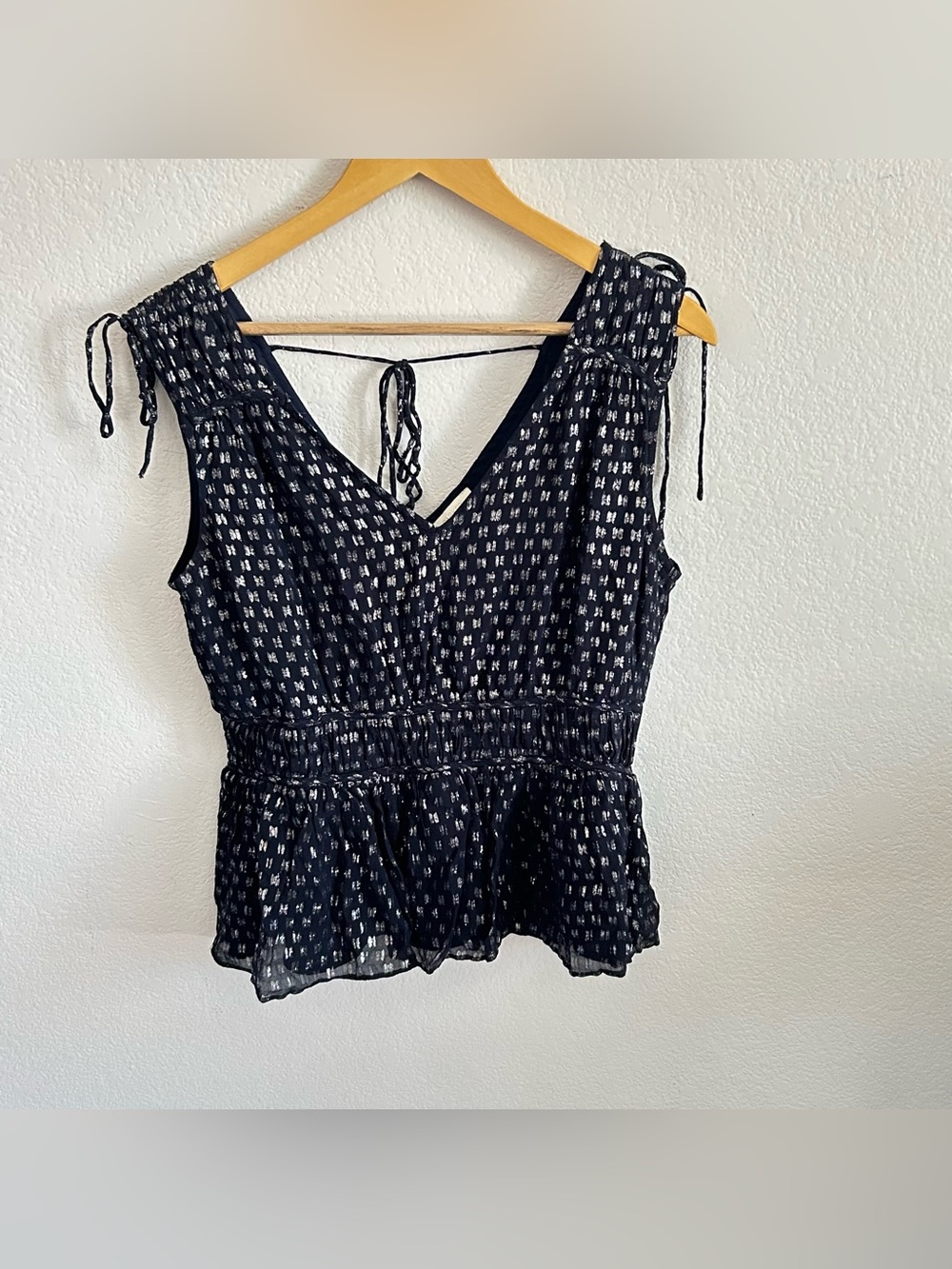 Women's Parker Navy & Silver Metallic Lurex Clip-Dot Peplum Tank Top. Medium